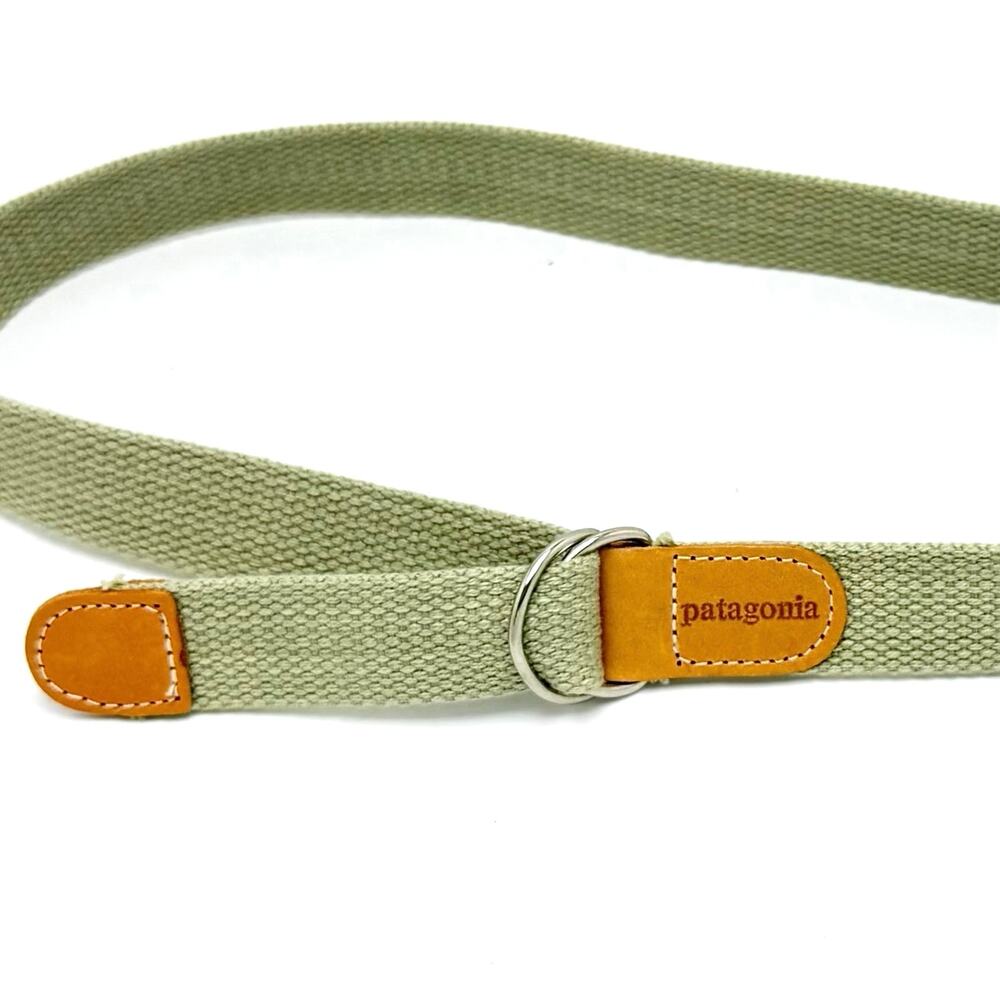 Vintage 1990s Patagonia Belt M 24-29 Pale Green Cotton Web Leather Tabs D Ring